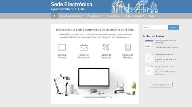 Vista de la página principal de la nueva sede virtual del Ayuntamiento de El Ejido.